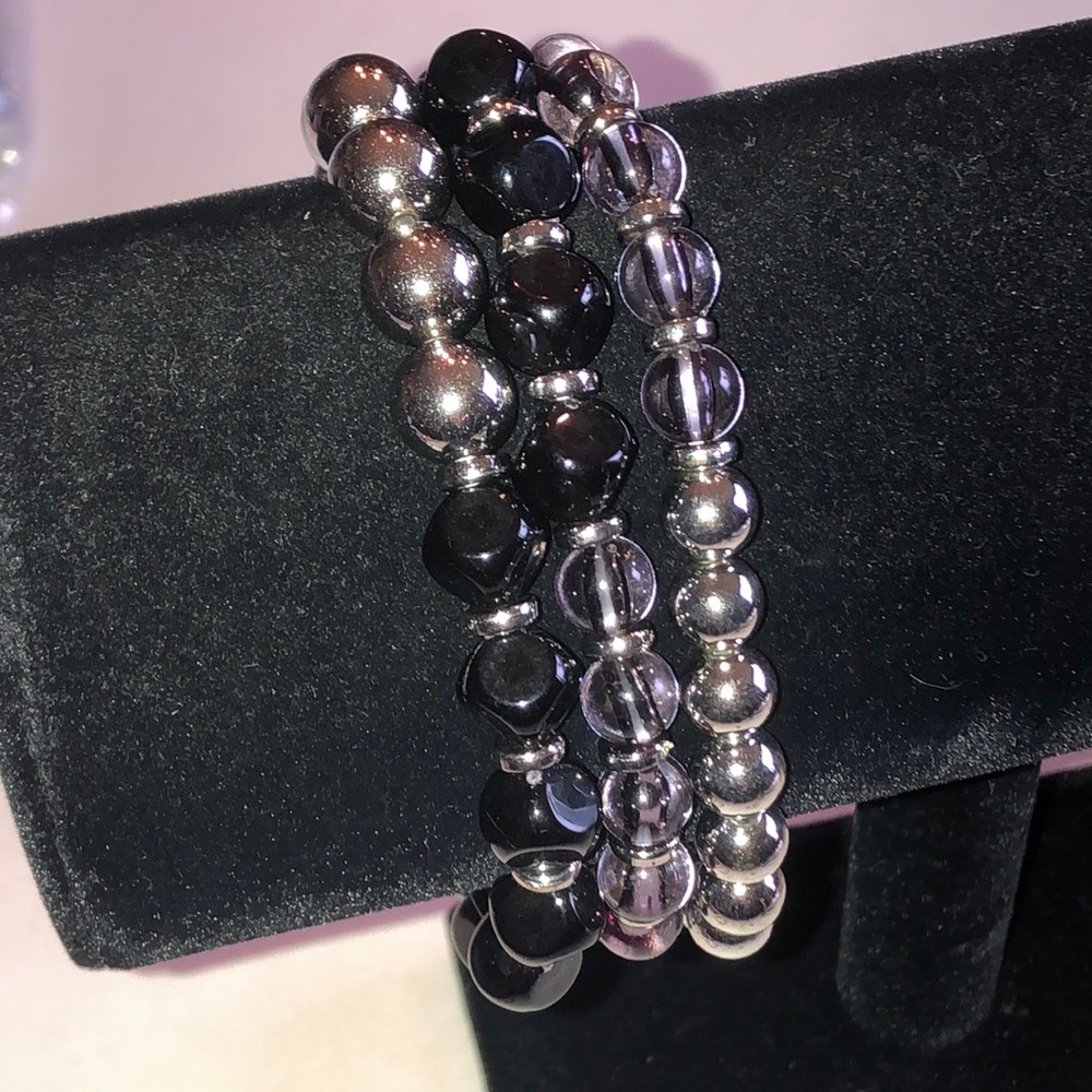 Stretch Beaded Bracelet Set - Black & Silver Tones